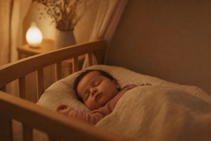Friedlich schlafendes Baby im Gitterbett bei warmem Nachtlicht