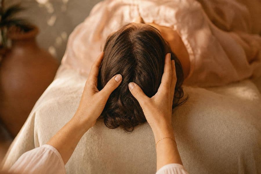 Ruhige Hände einer Therapeutin halten sanft einen Kopf