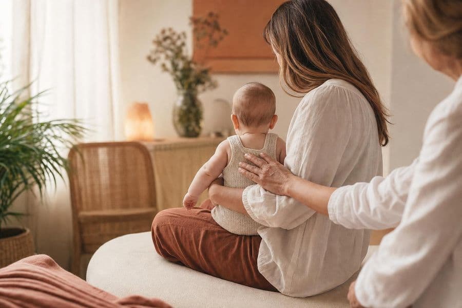 Mutter mit Baby am Schoß in der Praxis, sanfte Hand am Rücken des Babys