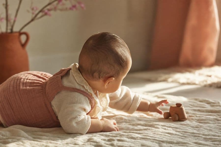 Baby in Bauchlage dreht den Kopf zu einem Holzspielzeug