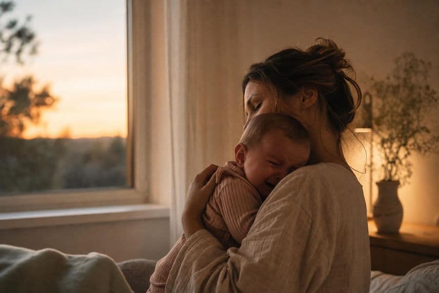 Mutter beruhigt ihr weinendes Baby an der Schulter im Abendlicht