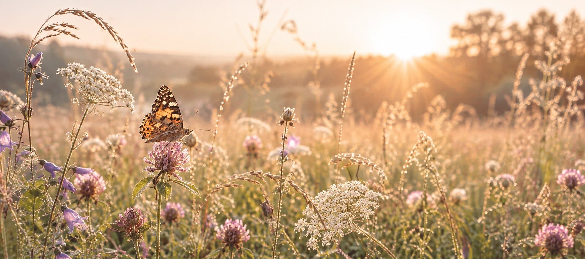 Blumenwiese im Morgenlicht, ein Schmetterling auf Kleeblüten