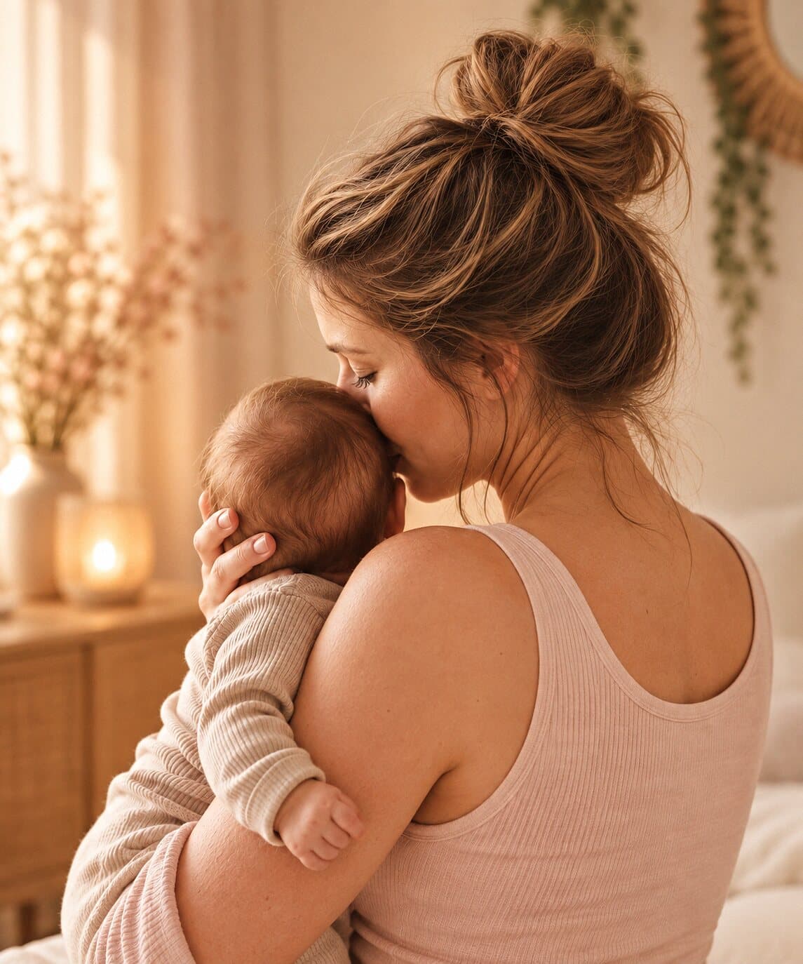 Mutter hält ihr Baby im warmen Licht