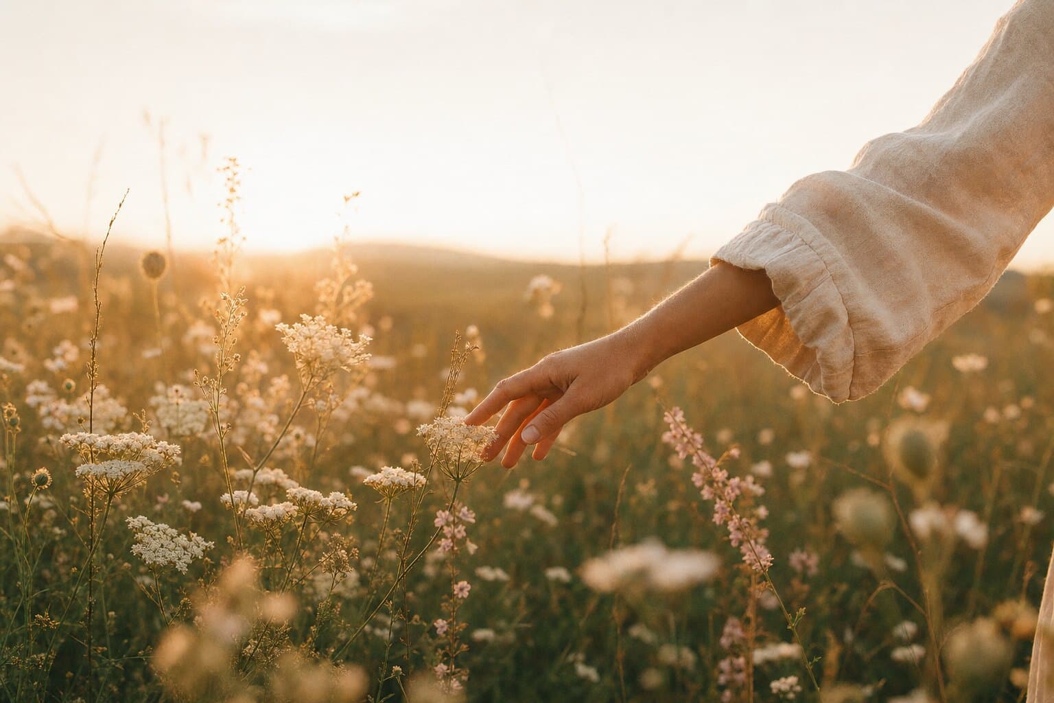 Hand berührt Wiesenblumen im Abendlicht